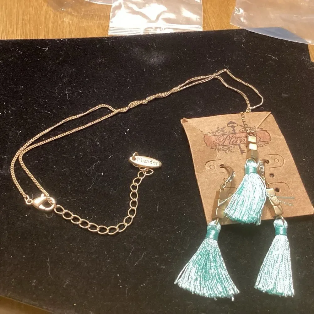 Bright Goldtone Bird’s Nest Blue Tassle Earrings and Pendant Necklace Set
